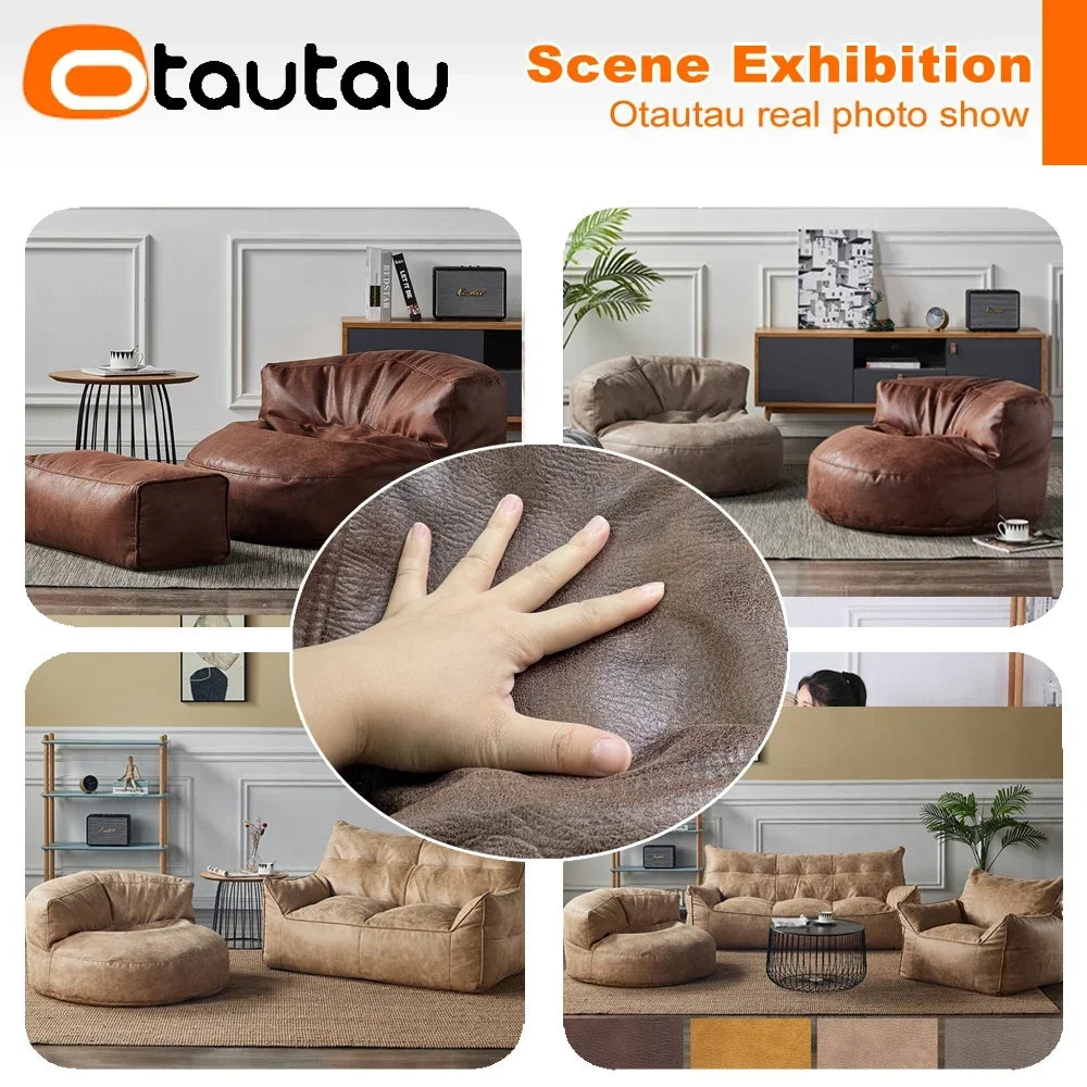 OTAUTAU 3.3ft Faux Leather Pouf Sofa Set Cover Bean Bag Chair Ottoman Footrest Beanbag Corner Couch Sac Lounge Recliner SF004